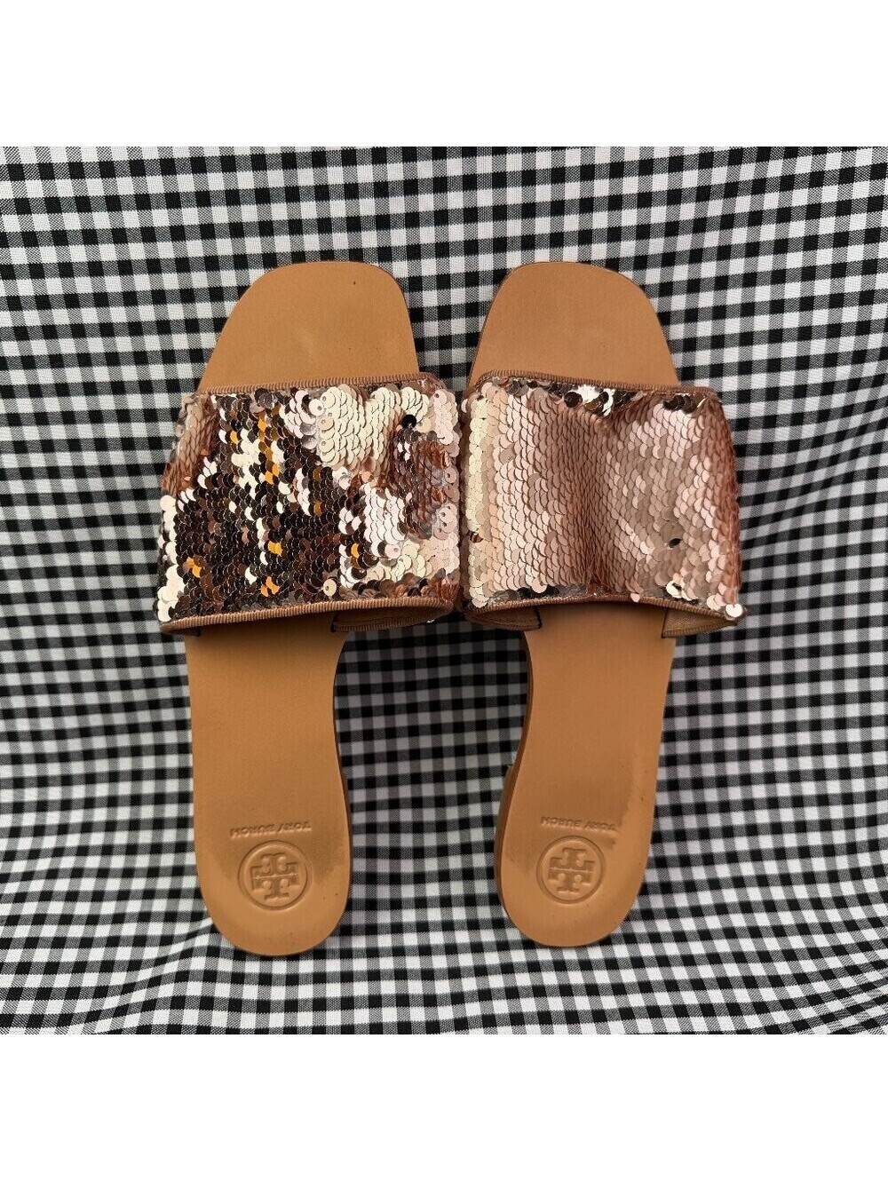 Tory Burch Carter Reversible Sequin Slide Sandals Rose Gold Slides Women's 8